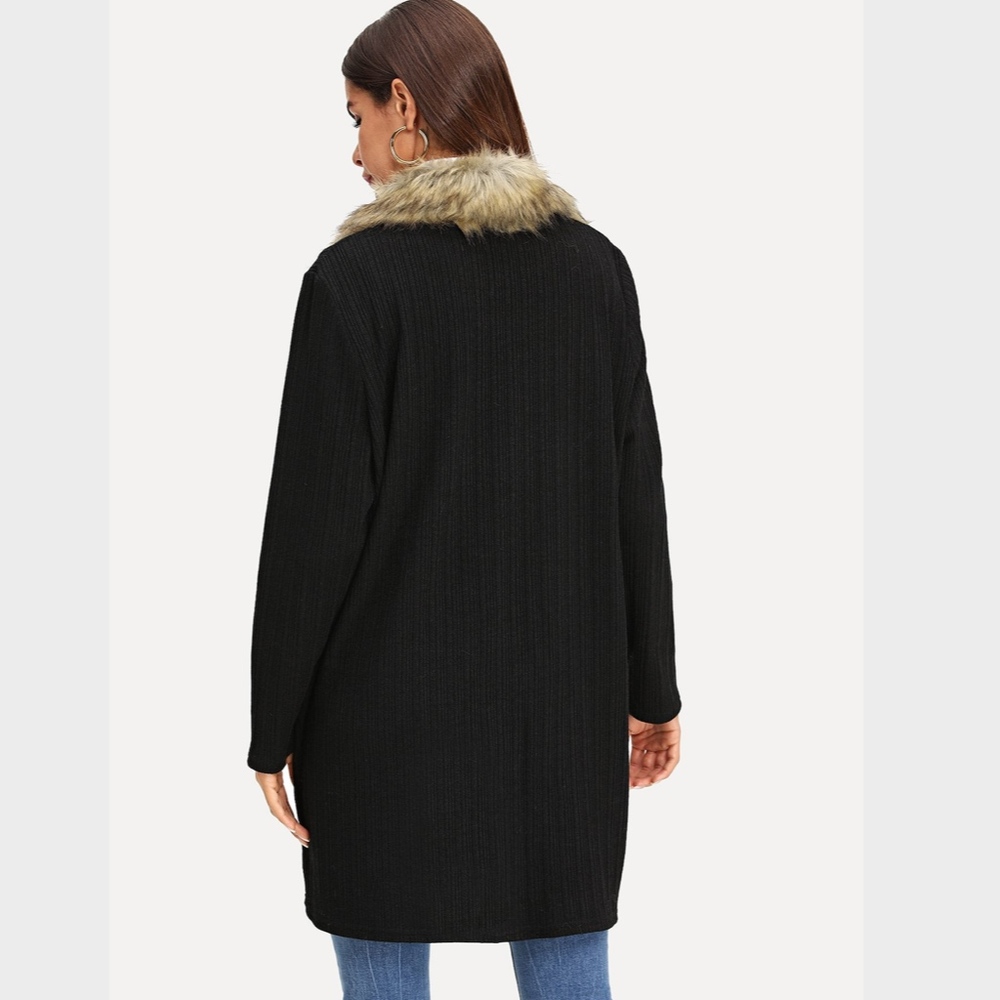 Faux Fur Collar Open Black Cardigan - Picture 3 of 8